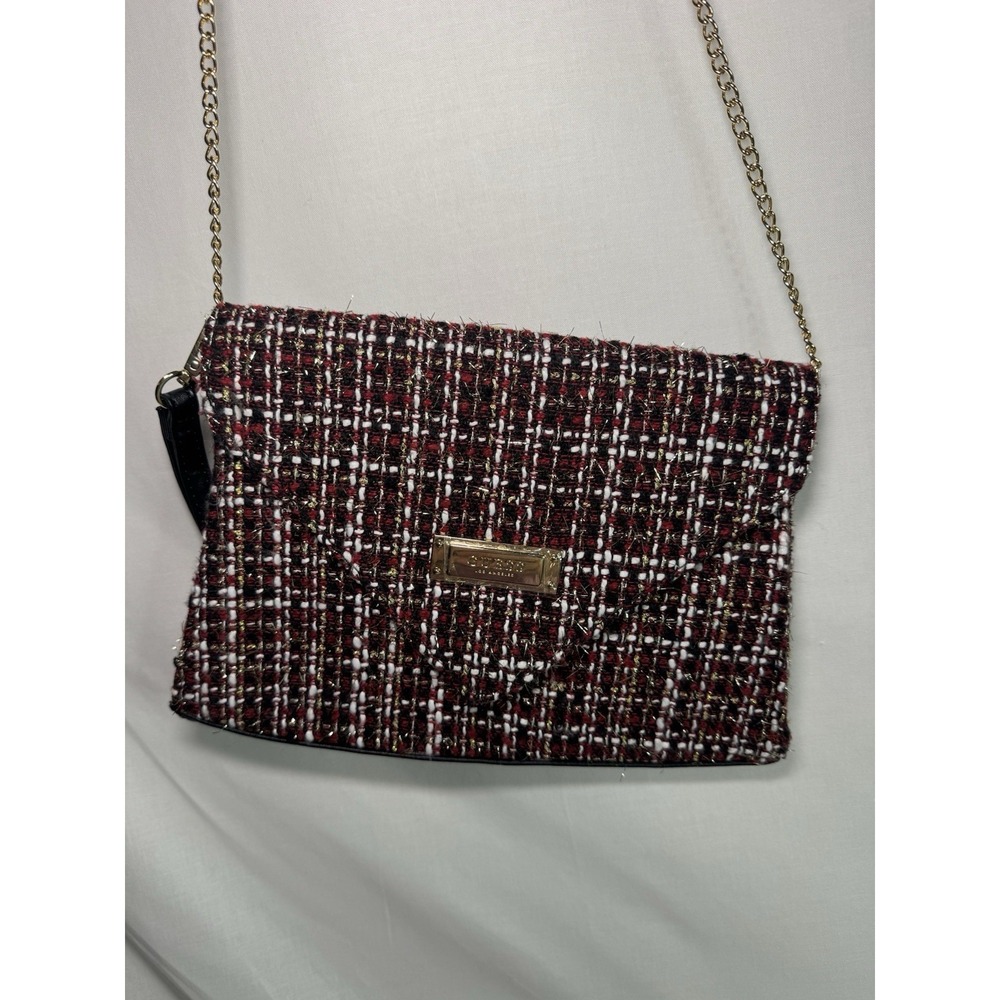 GUESS Tweed Crossbody Bag Red Black Gold Chain Envelope Clutch Wristlet NWOT
